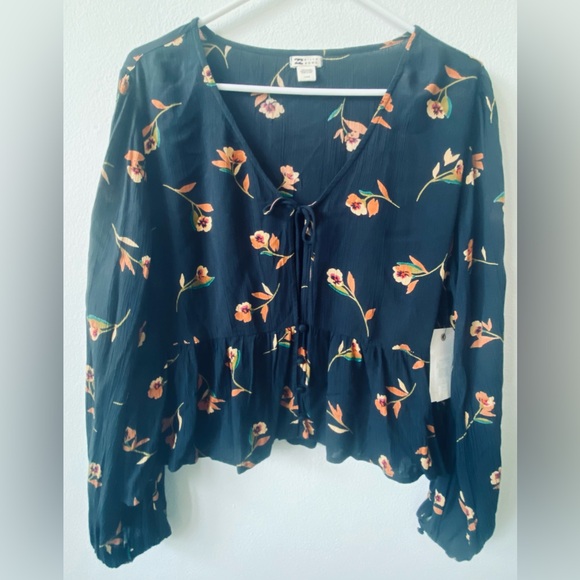 Billabong Dark Floral Flounce Long Sleeve Peasant Top L - Picture 2 of 2